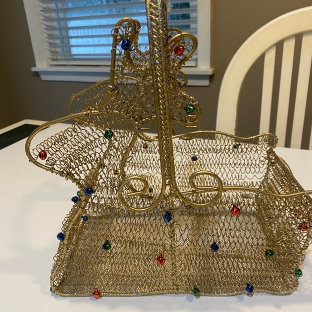 GOLD WIRE REINDEER BASKET WITH HANDLE NEW WITHOUT TAGS - Picture 4 of 10